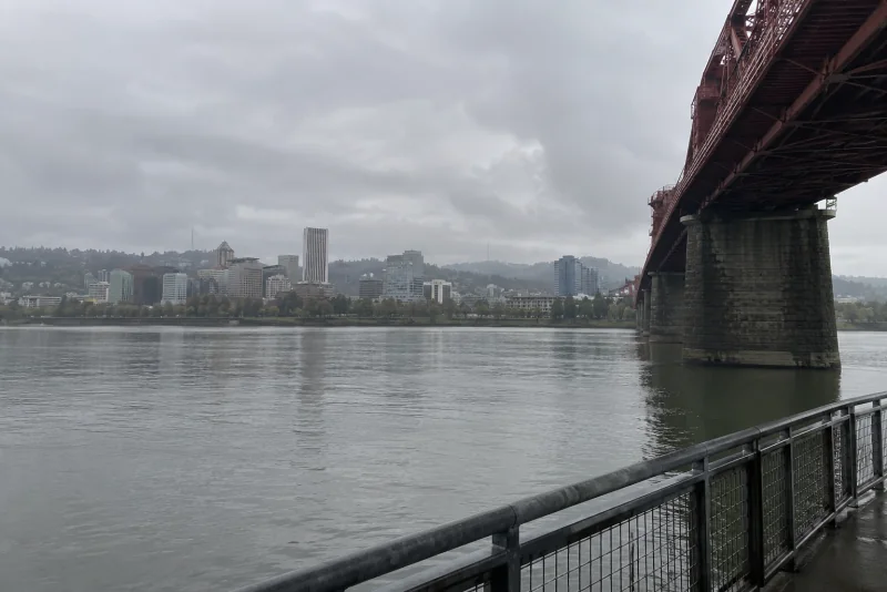 Steel bridges crossing the Willamette River toward the downtown towers of Portland.