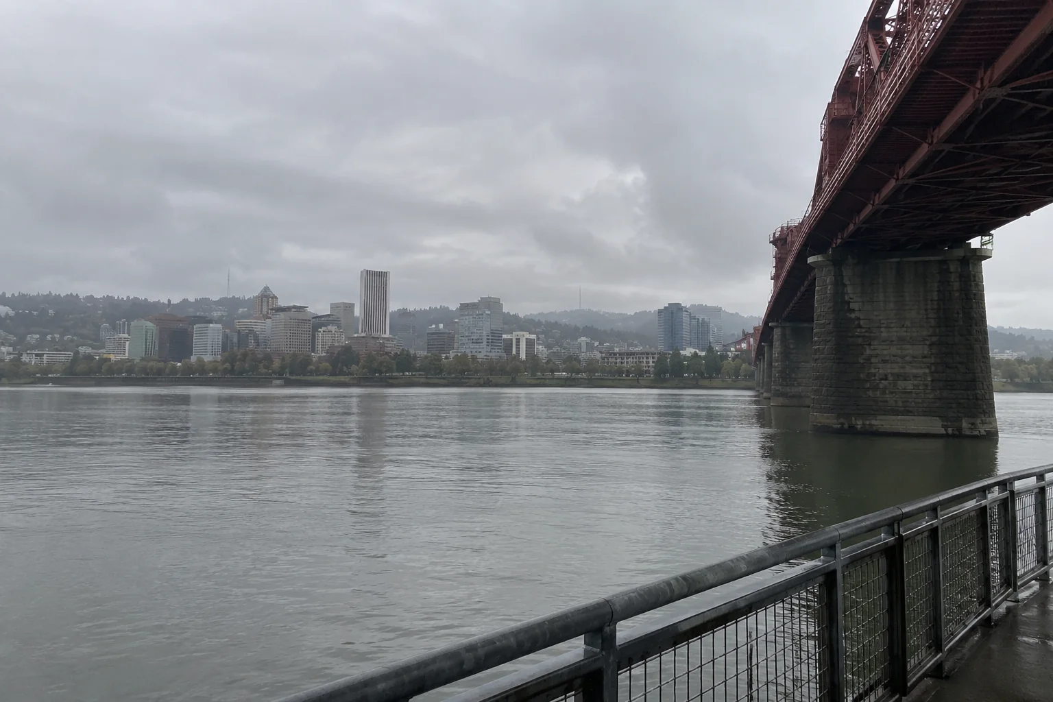 Steel bridges crossing the Willamette River toward the downtown towers of Portland.