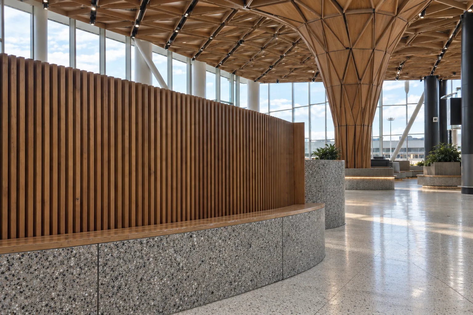 The timber screen and tree column at the edge of the Central Terminal at Seattle-Tacoma airport.