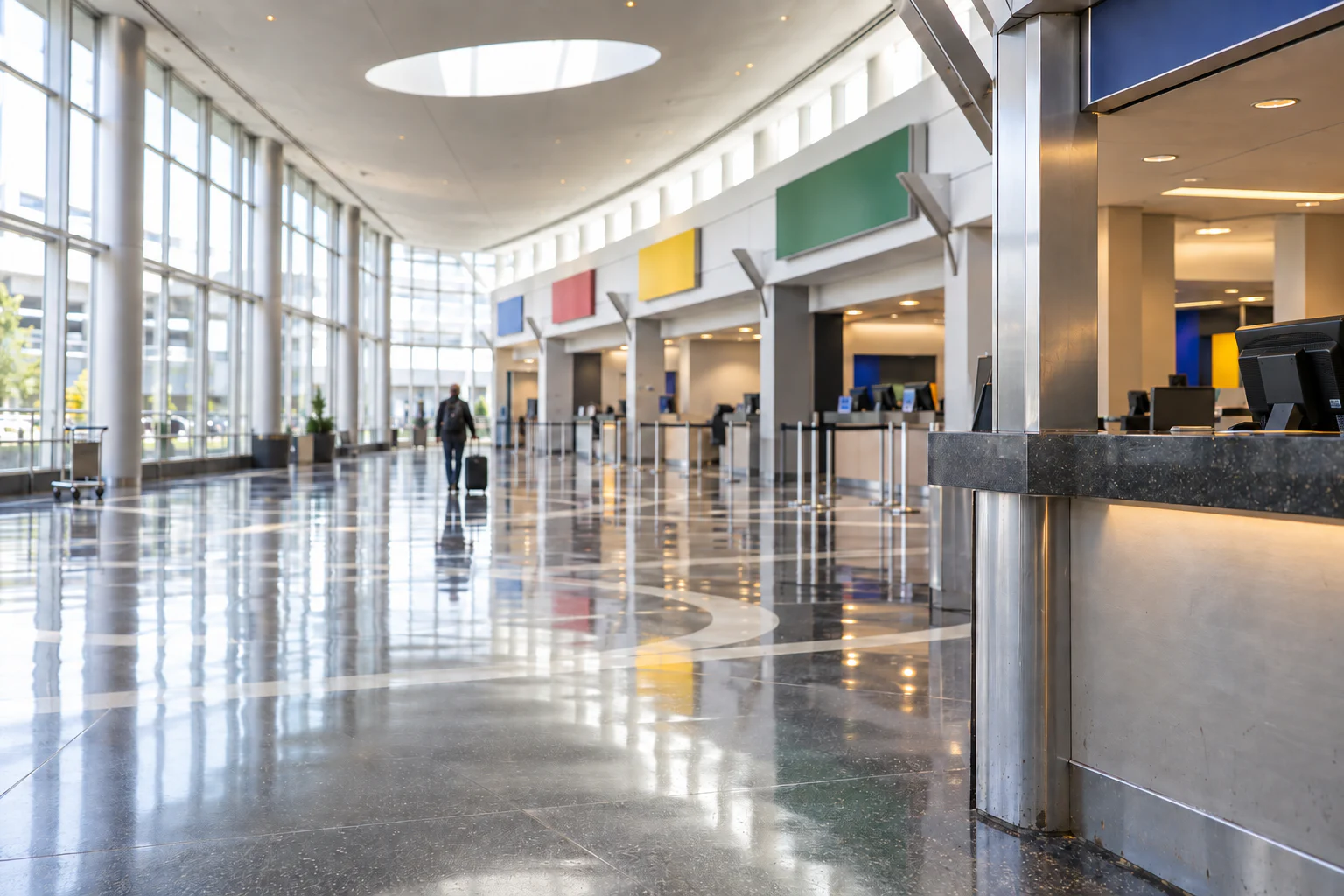 Rental counters beneath the oval skylight in SEA’s Rental Car Facility