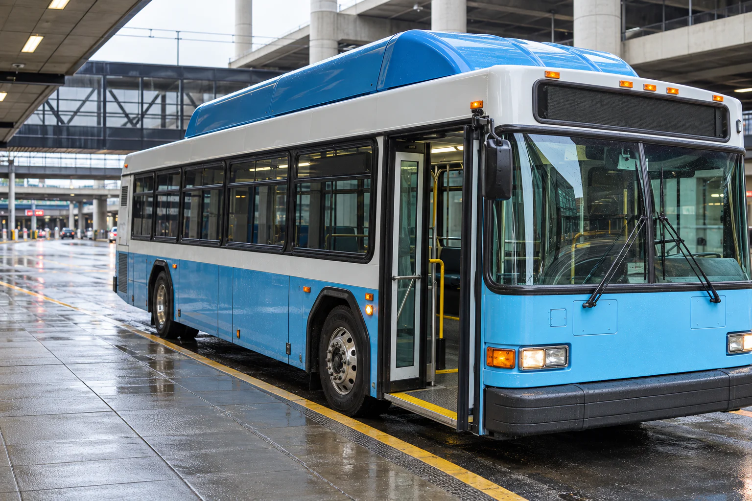 A blue-and-white rental-car shuttle boarding beneath SEA’s covered lower drive