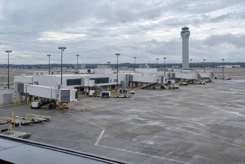 The S Concourse and its jet bridges seen across the apron at Seattle-Tacoma airport.