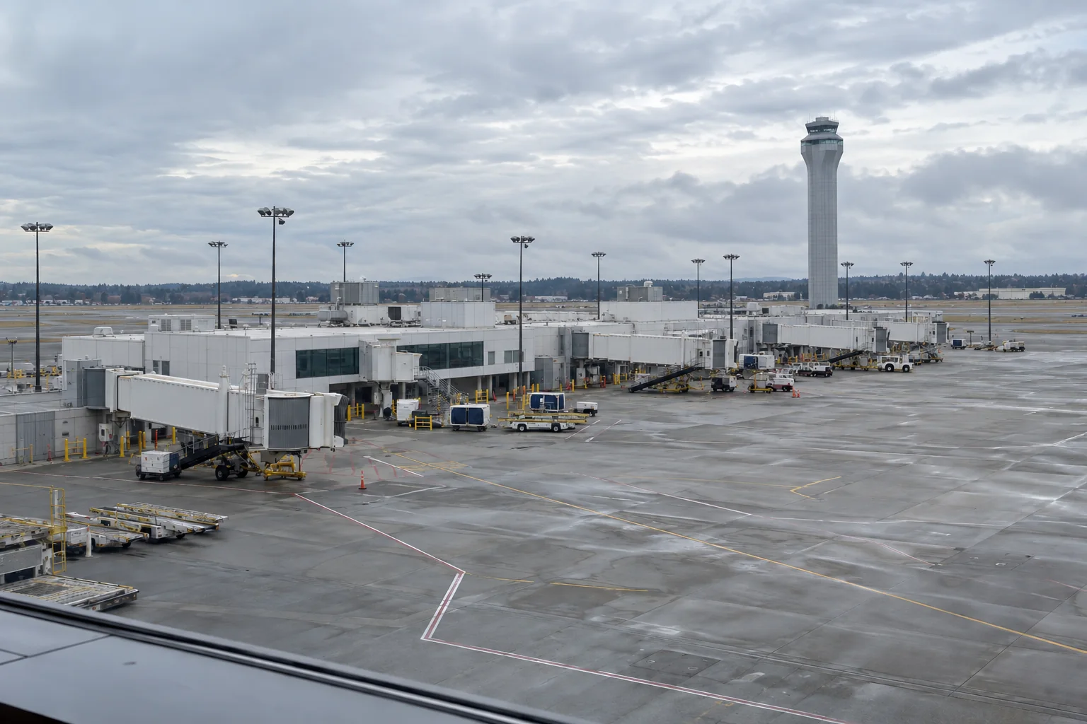 The S Concourse and its jet bridges seen across the apron at Seattle-Tacoma airport.