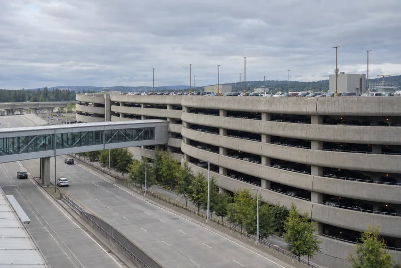 Concrete parking garage and skybridge at Seattle-Tacoma International Airport
