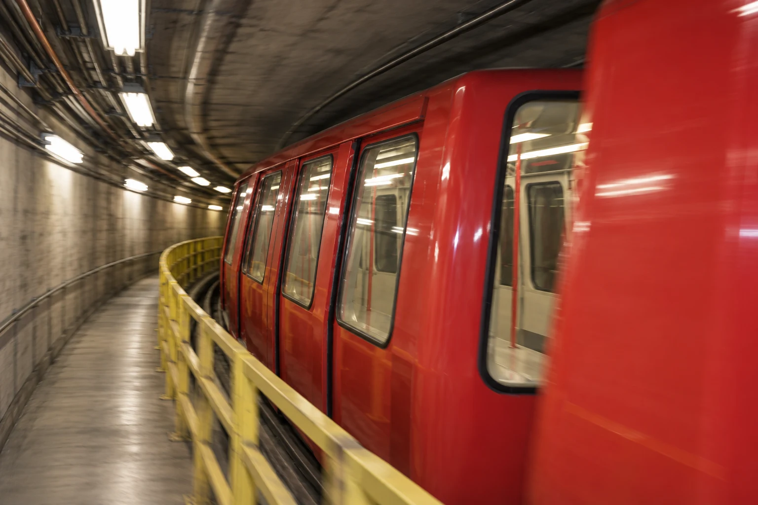 A red SEA Underground shuttle moving through its curved concrete tunnel