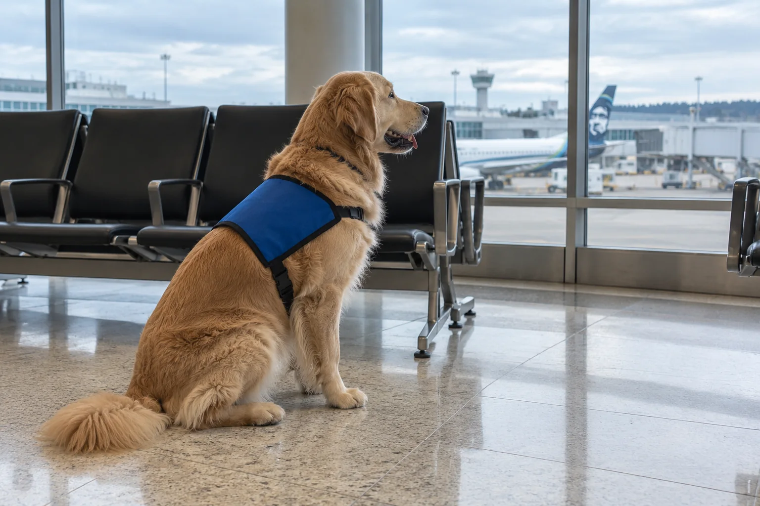 A golden retriever in a plain service vest stands beside a row of gate seats on the concourse floor at Seattle-Tacoma airport.