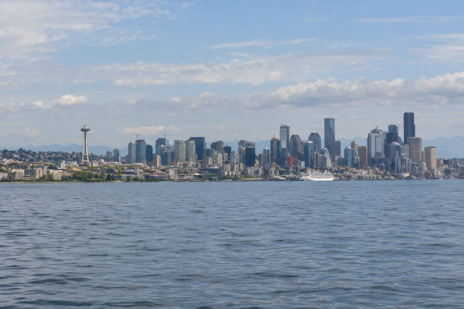 The Seattle skyline and Space Needle across Elliott Bay with a cruise ship small in the distance.