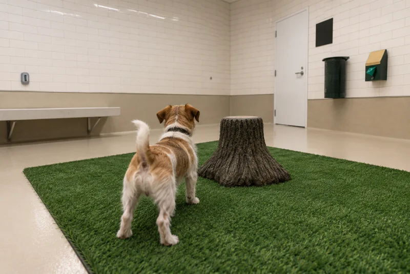 A dog on the green turf mat beside a tree stump in a pet relief room at Seattle-Tacoma airport.