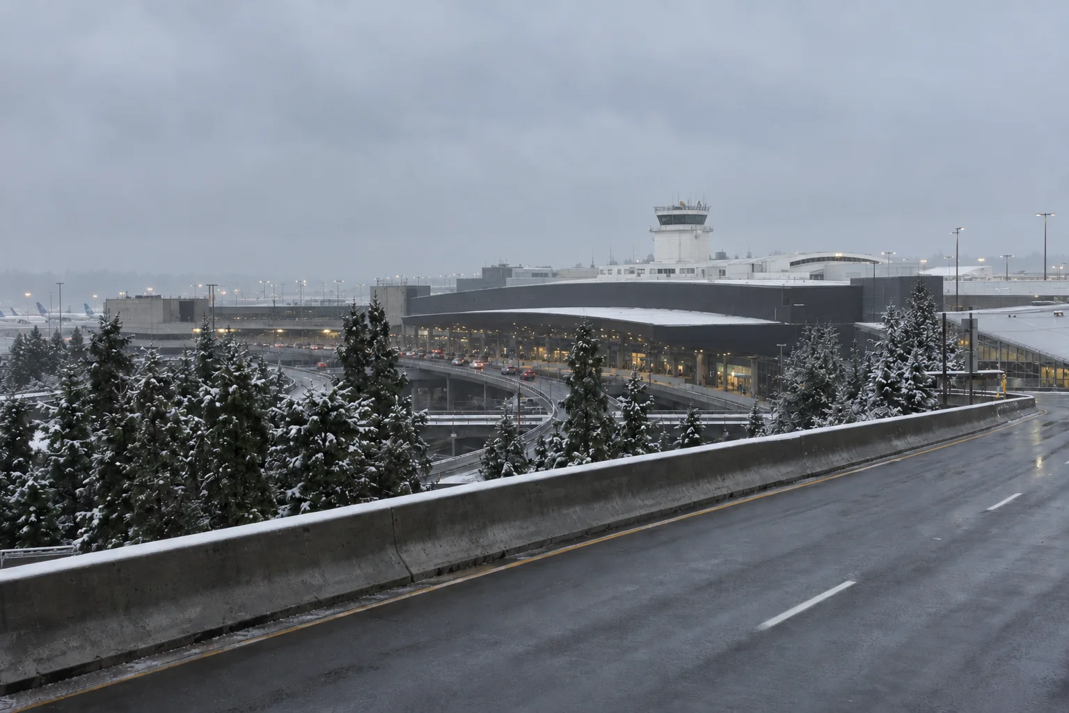 The Seattle-Tacoma airport terminal and control tower under low grey cloud on a snowy day.
