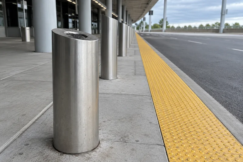 A steel ash bin at the outdoor end of the departures drive at Seattle-Tacoma airport.