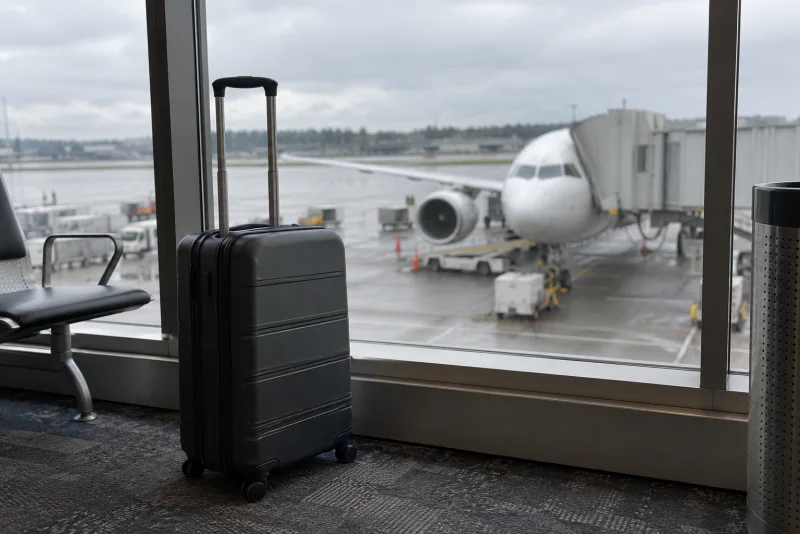 A carry-on suitcase by a gate window at Seattle-Tacoma airport, with an aircraft at the jet bridge outside.