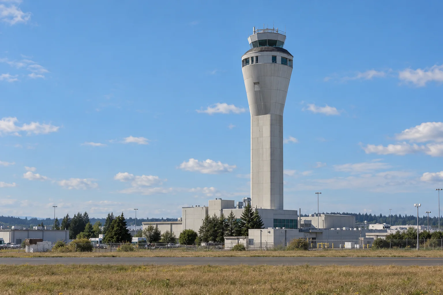 The control tower at Seattle-Tacoma airport rising above low airport buildings.